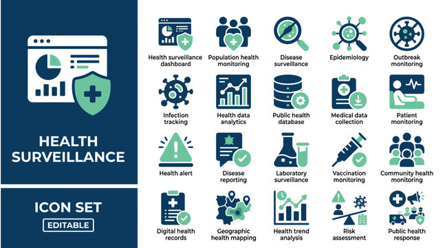 Public health surveillance and medical data monitoring icons