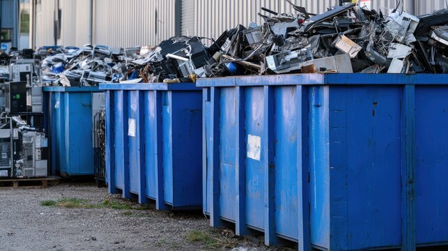 Blue industrial dumpsters filled with electronic waste and old computers. E-waste recycling facility concept for.