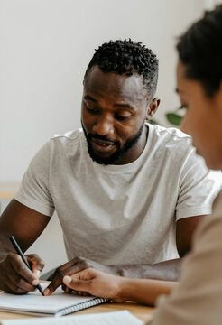 African american man writing on a notebook with a pen receiving guidance from another person education and learning, this image collaboration support and skill development in an indoor setting