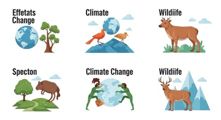 Obraz premium Illustrations of climate change effects on wildlife and ecosystems in six vibrant scenes.