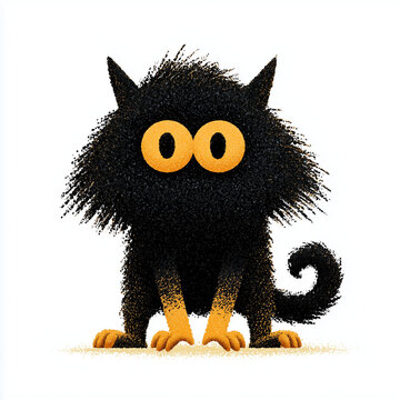 Cute cartoon monster with round eyes and fluffy fur on white background  