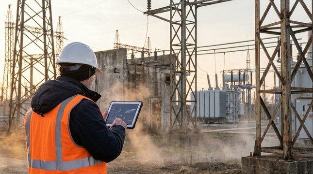 Electrical Engineer Inspecting High Voltage Power Grid Infrastructure With Digital Tablet for Maintenance and Safety Analysis at Sunset