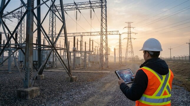 Engineer in safety vest and hard hat using a digital tablet inspecting a high voltage electrical substation at sunset