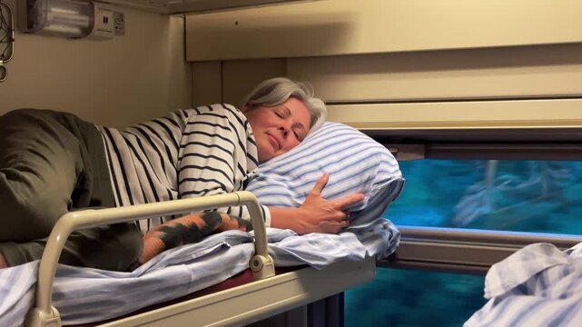 A mature woman sleeping comfortably under a blanket on the upper bunk of a train compartment, travel agency, tourism industry, vacation journey, railway travel.