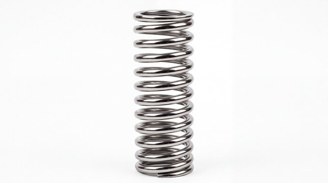 Polished steel helical coil spring standing vertically in high resolution studio lighting on white background