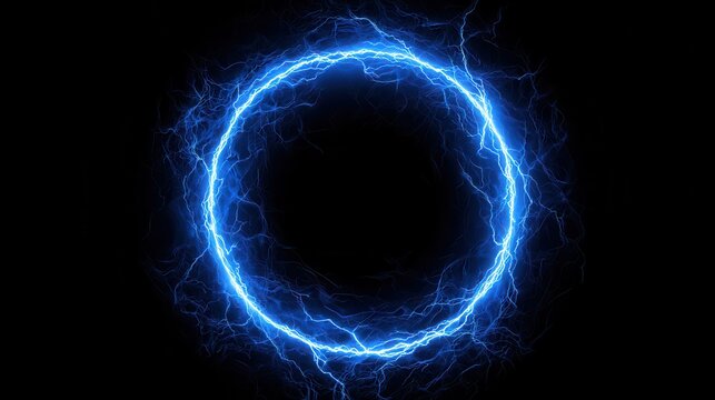 Glowing blue electric lightning circle frame on a black background. Sci fi energy portal concept.