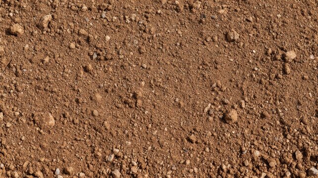 Detailed top down view of a rough brown soil texture with small pebbles. Perfect background for agriculture projects.