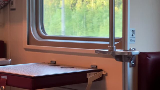 An empty train compartment table and large window showing passing green nature outside, travel agency, tourism industry, vacation journey, scenic train ride.