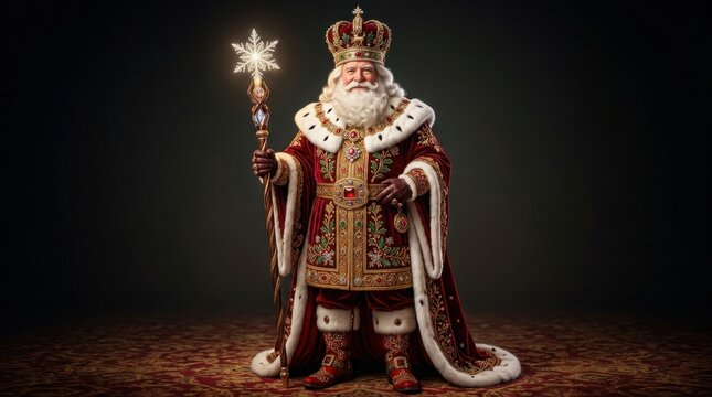 Elegant royal santa king standing on ornate carpet with snowflake scepter for luxury holiday theme.