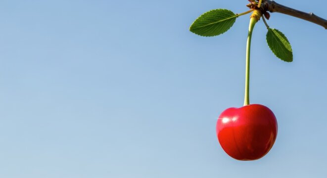 A single ripe cherry hangs from a slender branch against a clear blue sky backdrop.