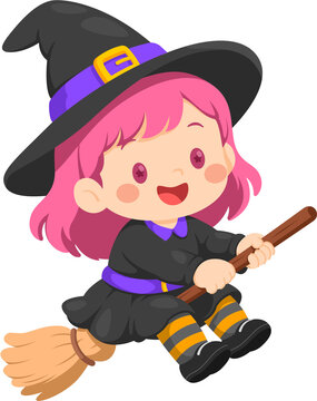 Cute Witch Flying on Broomstick for Halloween