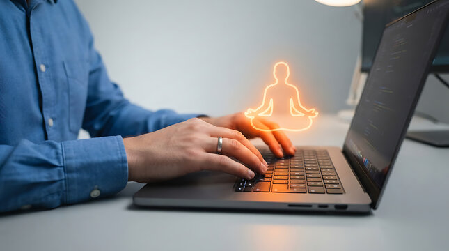 Person using a laptop with a glowing meditation pose overlay representing mindfulness