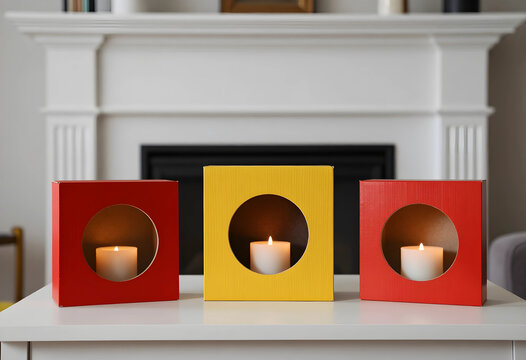 Three colorful cardboard box lanterns with lit candles on a white table in a cozy home interior, a white fireplace mantel and dark firebox are visible in the background, creating a cozy and warm