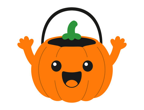 Cute smiling Halloween pumpkin basket with arms raised in joyful celebration