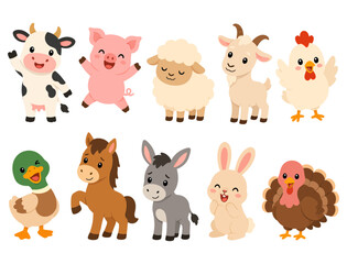 Fototapeta premium Cute cartoon farm animals set with smiling faces and playful expressions in flat design style
