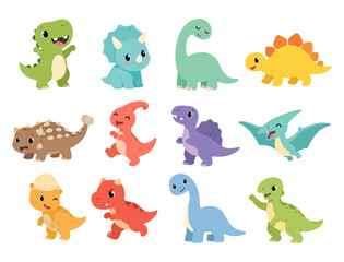 Obraz premium Cute colorful cartoon dinosaurs and animals set isolated on white background for kids design