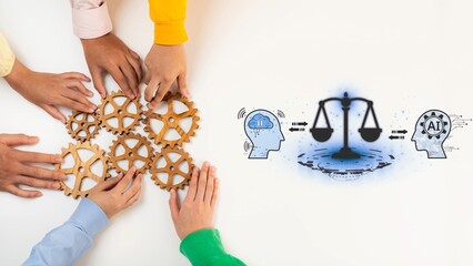 Obraz premium This image depicts collaborative hands working with gears alongside AI symbols, illustrating the balance between human creativity and technological innovation in business. Raster