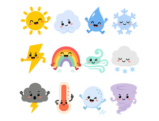 Obraz premium Cute weather icons set with smiling sun, rain, rainbow, cloud, snowflake, lightning, and wind characters