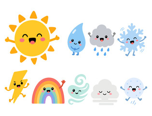 Obraz premium Cute weather icons set with smiling sun, rainbow, clouds, snowflake, and raindrop characters