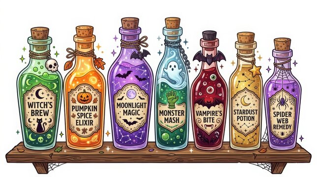 Set of detailed witch potion bottles on wooden shelf for halloween fantasy and gothic decor theme.