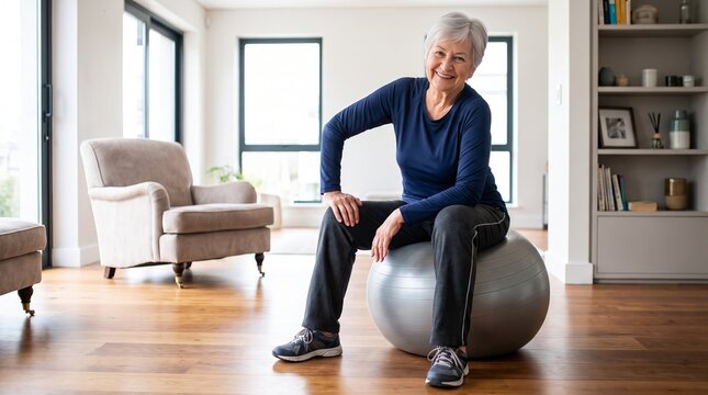 Smiling elderly woman comfortably resting on a swiss exercise ball, healthy active lifestyle concept