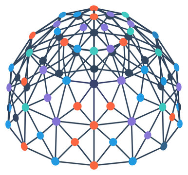 Abstract Geodesic Dome Network with Colorful Data Nodes Connectivity