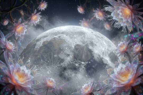 Luna maestosa circondata da fiori magici e luminosi in un'atmosfera cosmica ed eterea