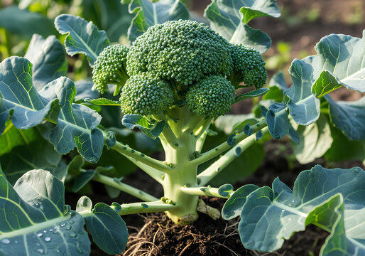Fresh green broccoli growing in the organic vegetable garden field