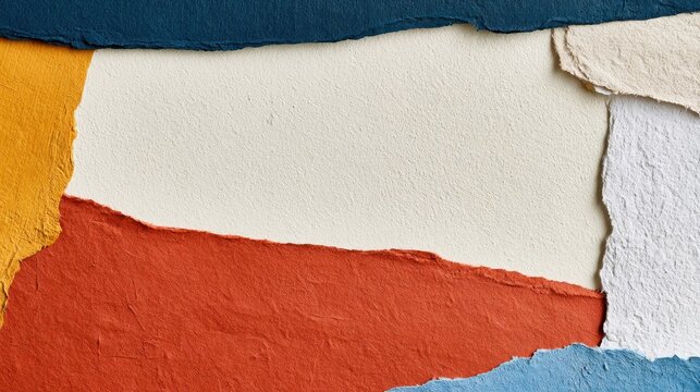 Colorful torn paper collage texture with layered edges and rough fibers for abstract background poster card and craft design