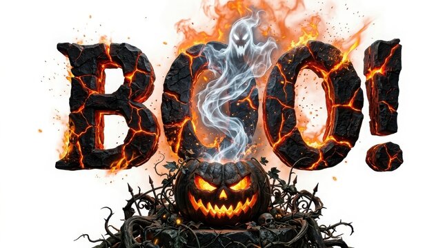 Burning stone text boo with spectral ghost emanating from hellish carved pumpkin against fire backdrop.