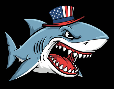 Aggressive cartoon shark wearing Uncle Sam hat roars with sharp teeth in black background