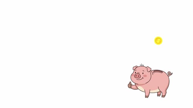 Cute cartoon pink piggy bank giving a thumbs up as a gold coin falls into its slot on a transparent alpha channel background for financial savings and investment concepts