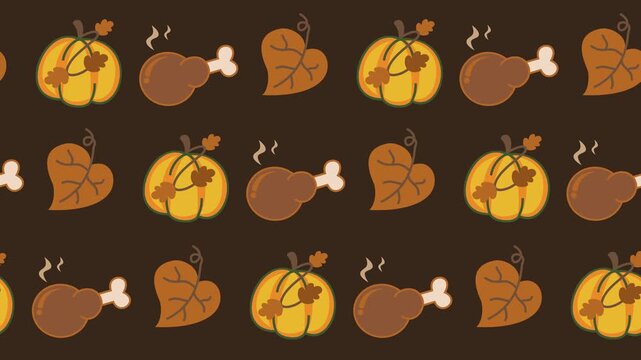 Seamless pattern of autumn harvest pumpkins, roasted turkey drumsticks, and fallen leaves on a dark brown background animation for fall harvest celebration wallpaper and Thanksgiving design concept.