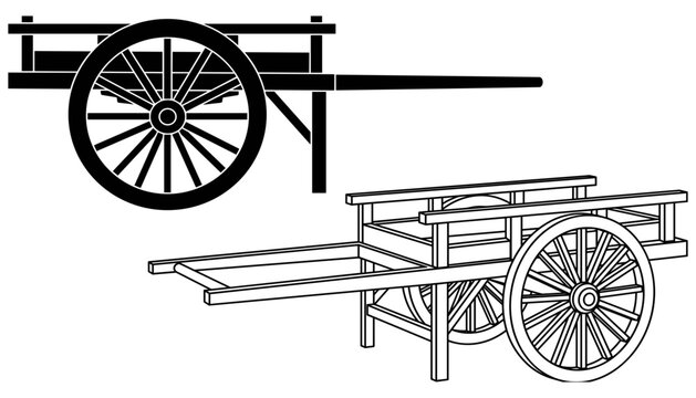 Two Wooden Carts with Spoked Wheels, One in Black Silhouette, One in Line Art Style. Vintage Transport Design, Vector Il