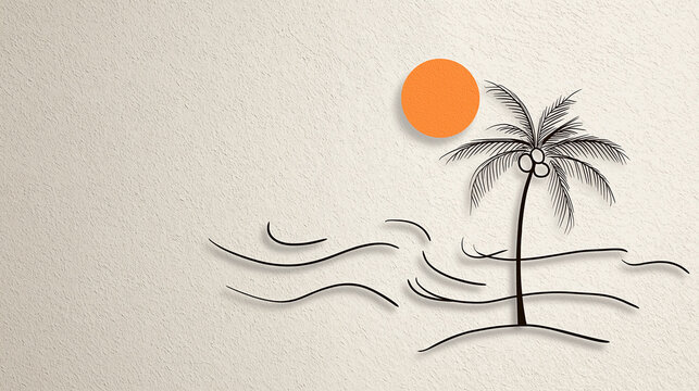 Minimalist doodle-style pencil sketch of a palm tree with an orange sun over sandy dunes on textured plaster background.