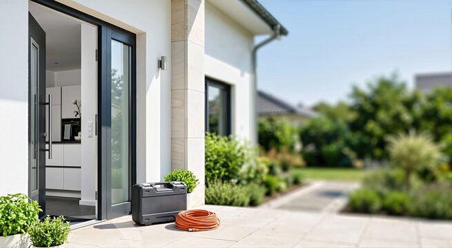 Black plastic tool case and coiled orange extension cord placed on tiled residential patio floor outside open back door. Modern home exterior with view into white kitchen and lush green garden