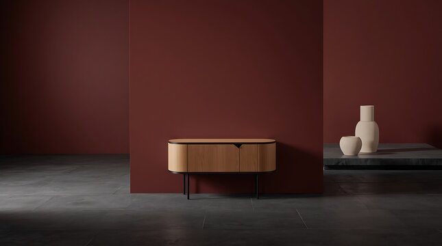 Modern Minimalist Interior Design with Floating Wood Cabinet and Ceramic Vase.