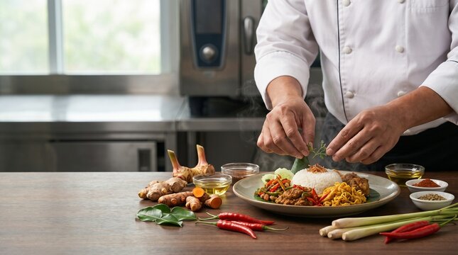 Chef garnishing traditional Asian rice dish with fresh herbs