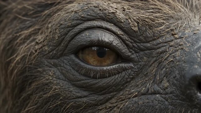 Extreme Close-up Macro Shot of a Rhino's Eye Showing Detailed Skin Texture and Fur