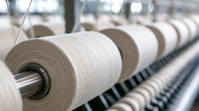 Rows of large yarn spools spin in a textile manufacturing factory. Great for industrial and textile production concepts.