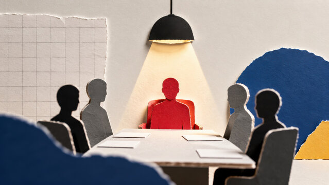 Job interview scene built from cut paper with a spotlit red figure sitting opposite grey and black silhouette interviewers