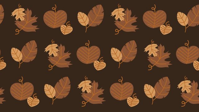 Seamless pattern of autumn leaves, maple leaves with tendrils, and oak leaf pairs on a dark brown background animation for fall season wallpaper and Thanksgiving backdrop design.