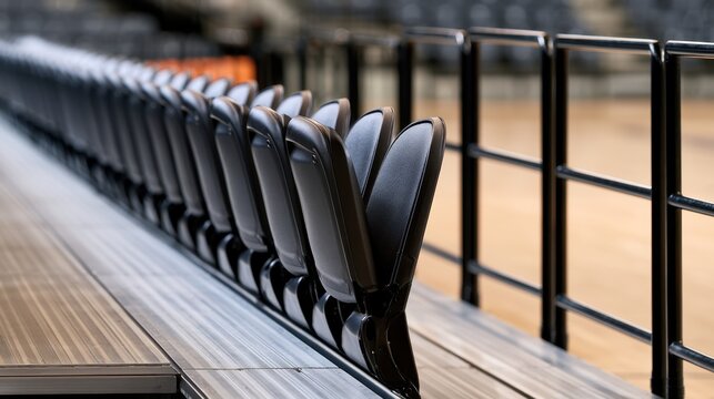 Folded stadium seats row close-up in bleacher stands for sports venue seating design poster and background