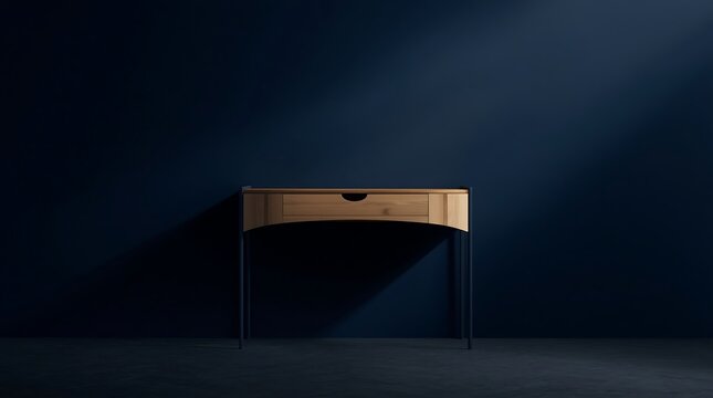 Minimalist wooden console table against a dark blue wall with dramatic lighting.