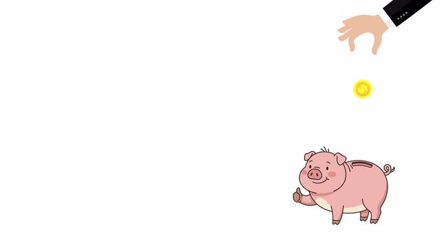 Cartoon animation of a hand putting a gold coin into a pink piggy bank with a thumbs up gesture on a transparent background for financial savings concept