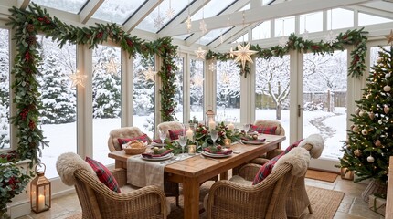 Fototapeta premium Conservatory dining room decorated with Christmas garland