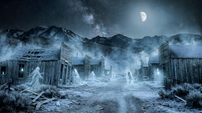 Abandoned spooky ghost town in desert with wooden buildings under glowing starry night sky