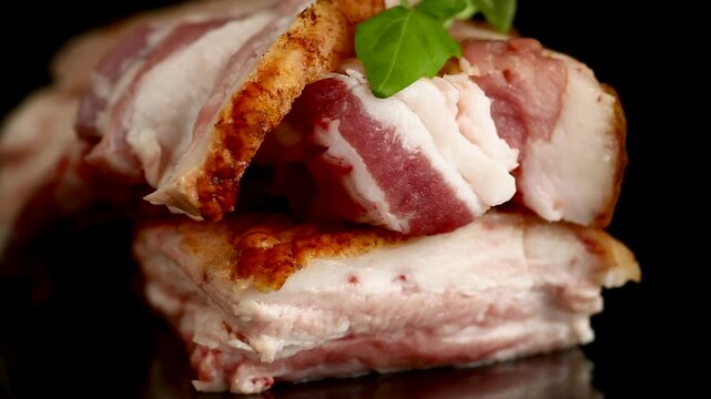 Authentic homemade pork lard with spicy seasoning on dark background