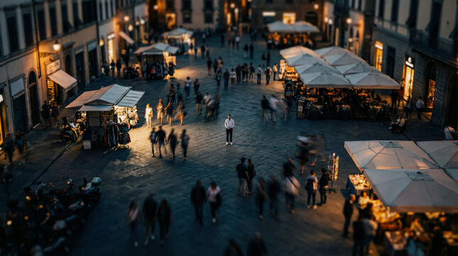 Man standing alone in the center of a crowded night city square