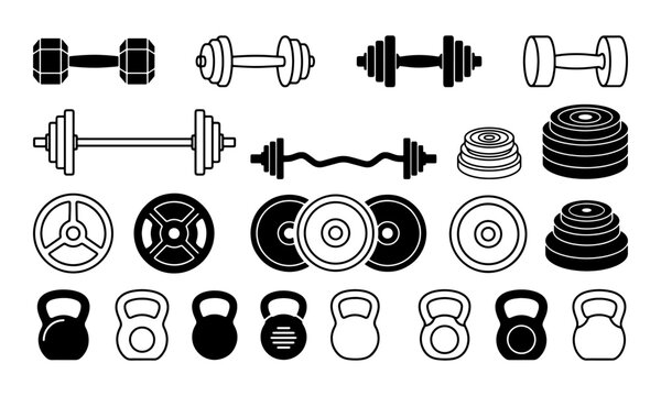 Set of black and white fitness equipment icons including dumbbells barbells weight plates and kettlebells for gym